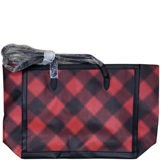 New Victoria Secret Plaid Black & Red Tote Bag With Shoulder Strap W /tags - Picture 2 of 8